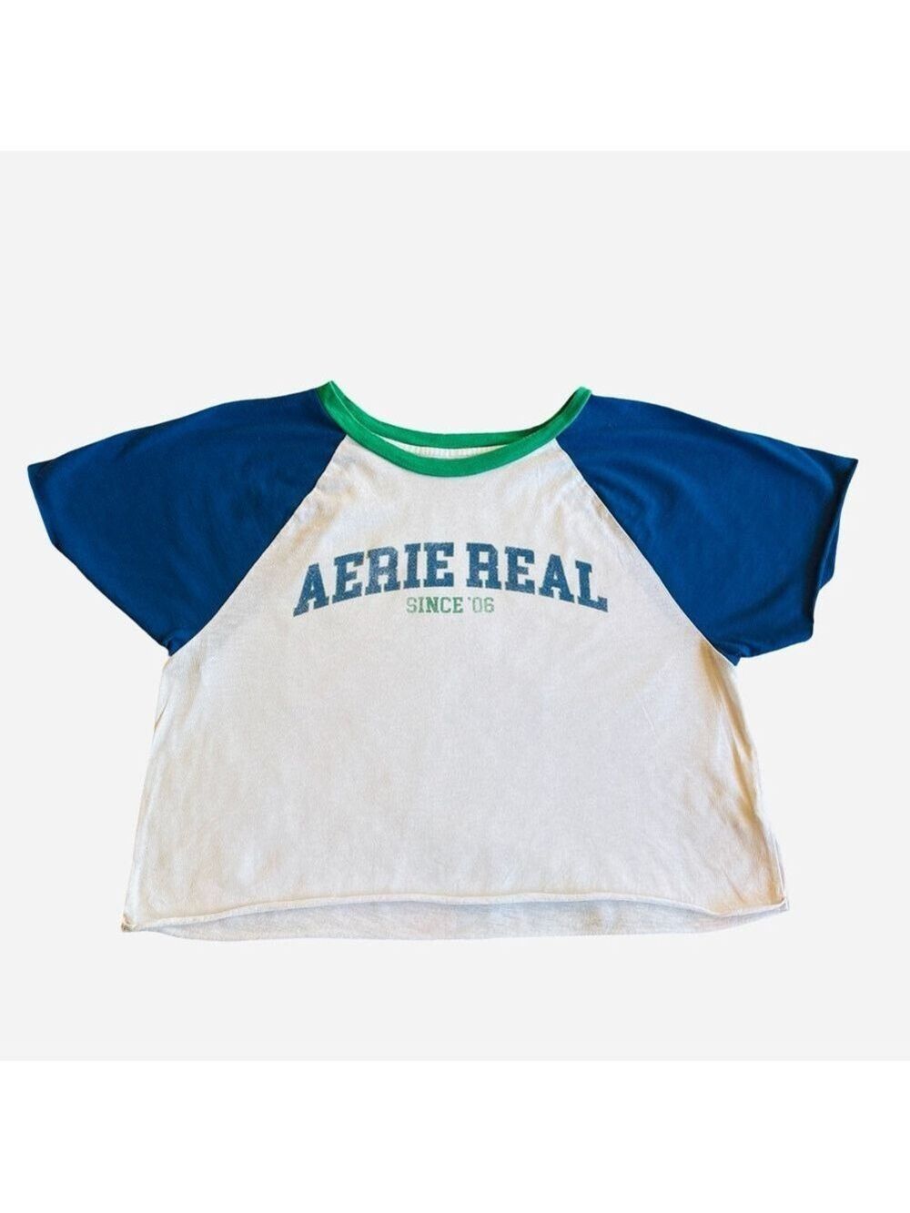 Aerie Blue and White Raglan Cropped Short Sleeve Tee Medium